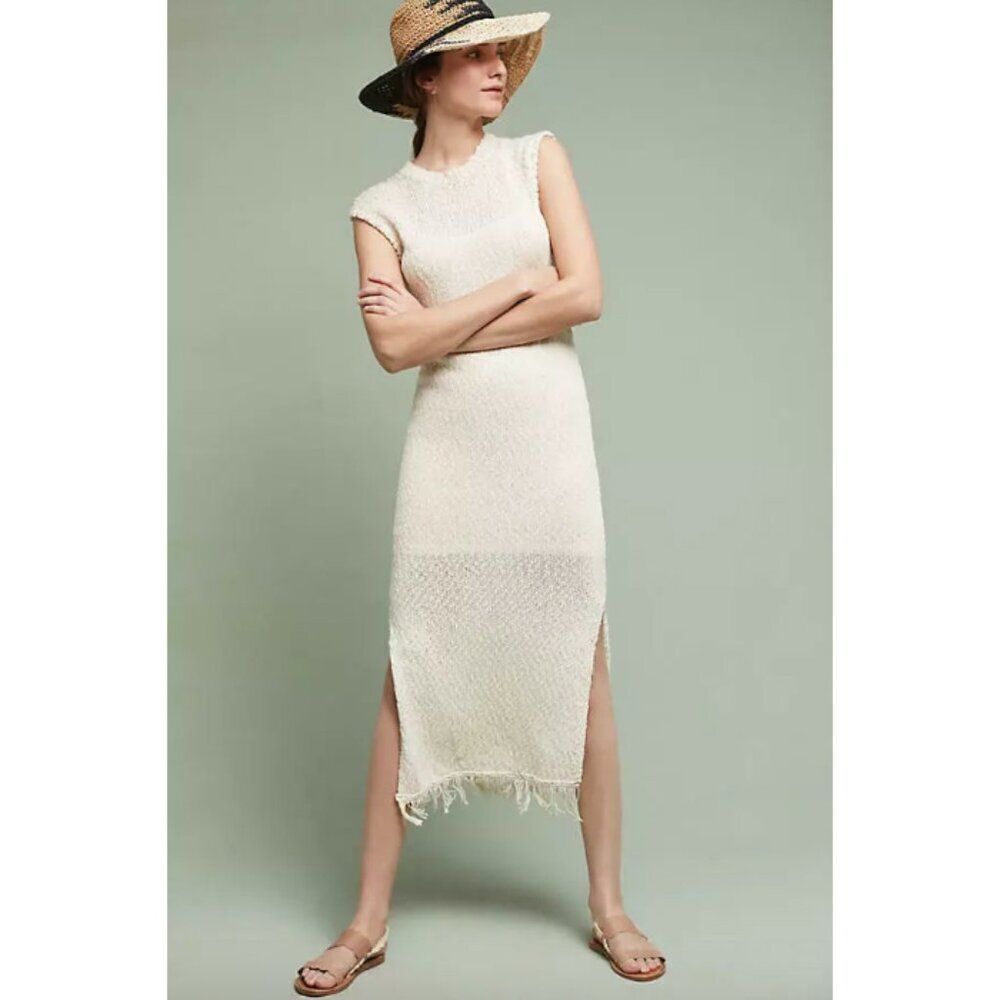 Callahan ivory natural nude cream round neck Isla open knit fringe midi dress
